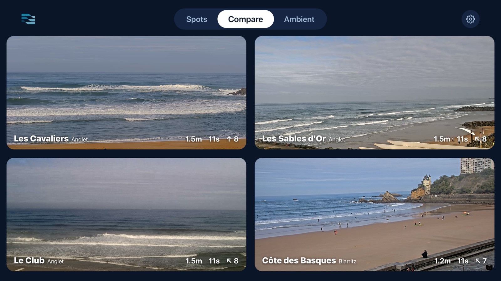 Olatu on Apple TV: four spot webcams in a grid with live conditions